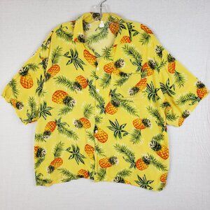 Vintage Pineapple Print Hawaiian Shirt 100% Rayon Yellow Unisex size XL/XXL